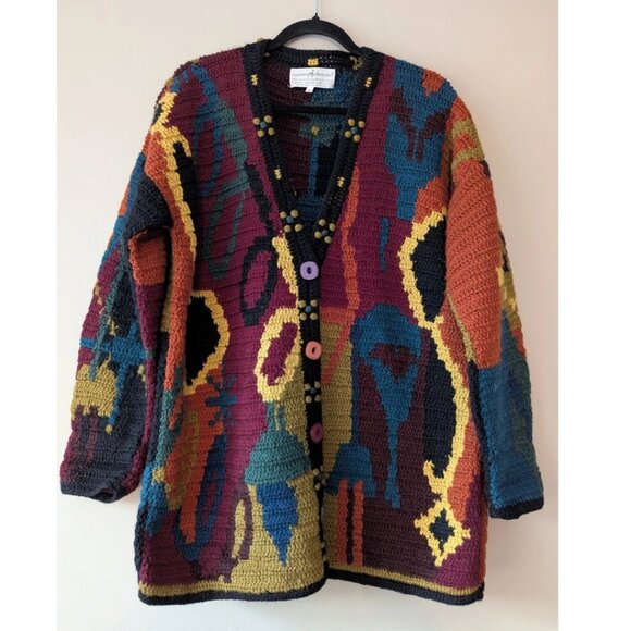 Vintage 80s PERUVIAN CONNECTION Oversized Merino Wool Knit Cardigan Size S/M/L - Picture 1 of 7